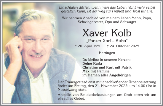 Traueranzeige von Xaver Kolb von Allgäuer Zeitung, Füssen
