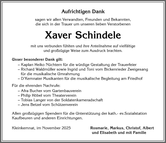 Traueranzeige von Xaver Schindele von Allgäuer Zeitung, Kaufbeuren/Buchloe