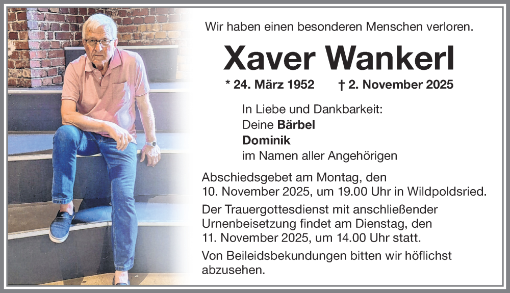  Traueranzeige für Xaver Wankerl vom 08.11.2025 aus Allgäuer Zeitung,Kempten