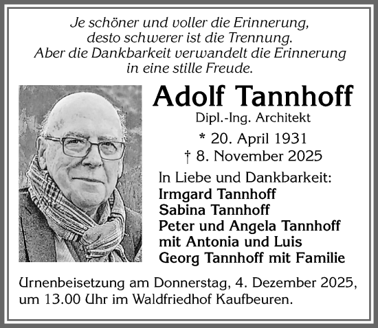 Traueranzeige von Adolf Tannhoff von Allgäuer Zeitung, Kaufbeuren/Buchloe