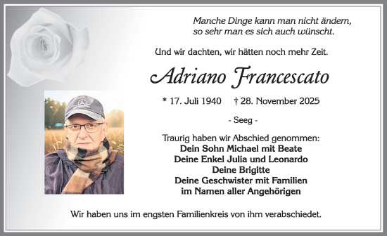 Traueranzeige von Adriano Francescato von Allgäuer Zeitung, Füssen