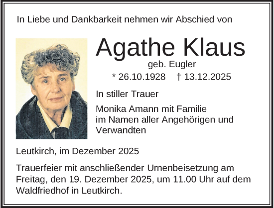 Traueranzeige von Agathe Klaus von Der Westallgäuer