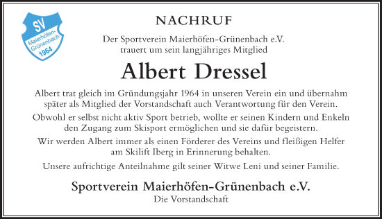 Traueranzeige von Albert Dressel von Der Westallgäuer