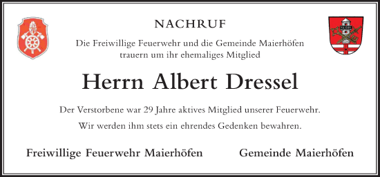 Traueranzeige von Albert Dressel von Der Westallgäuer