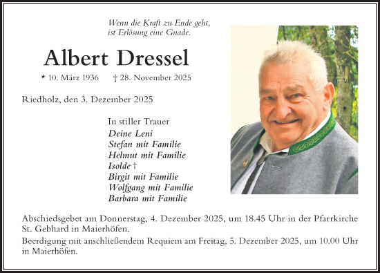 Traueranzeige von Albert Dressel von Der Westallgäuer
