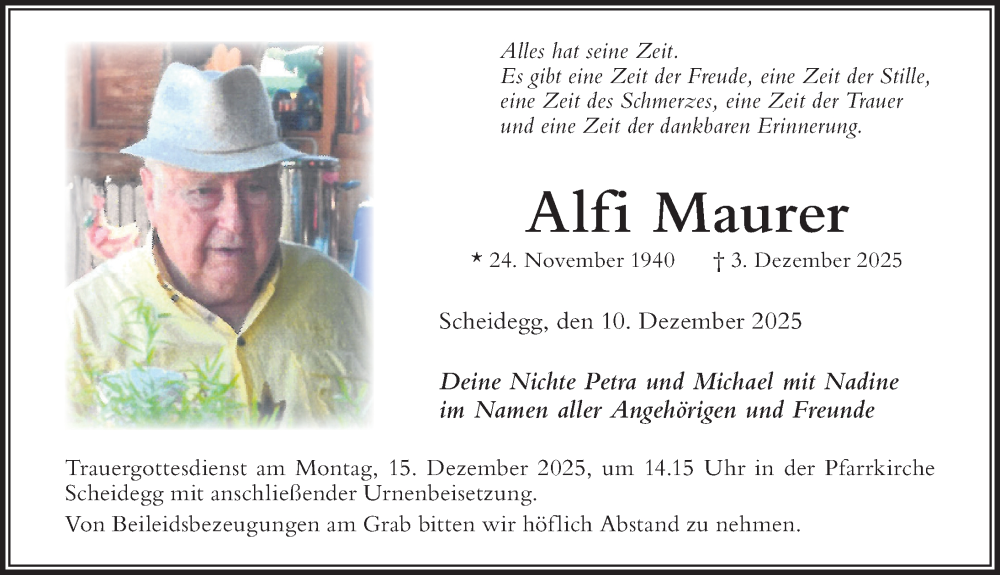  Traueranzeige für Alfi Maurer vom 10.12.2025 aus Der Westallgäuer
