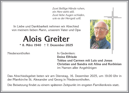 Traueranzeige von Alois Greiter von Allgäuer Anzeigeblatt