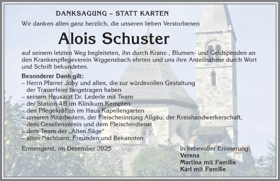 Traueranzeige von Alois Schuster von Allgäuer Zeitung,Kempten