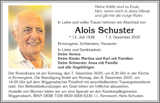 Traueranzeige von Alois Schuster von Allgäuer Zeitung,Kempten