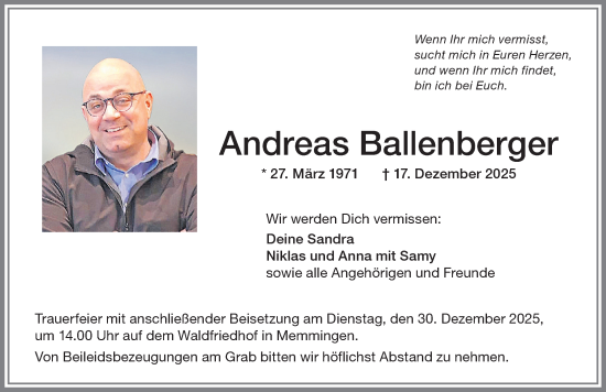 Traueranzeige von Andreas Ballenberger von Memminger Zeitung