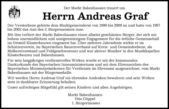 Traueranzeige von Andreas Graf von Allgäuer Zeitung