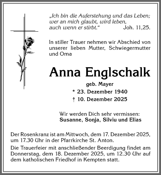 Traueranzeige von Anna Englschalk von Allgäuer Zeitung,Kempten