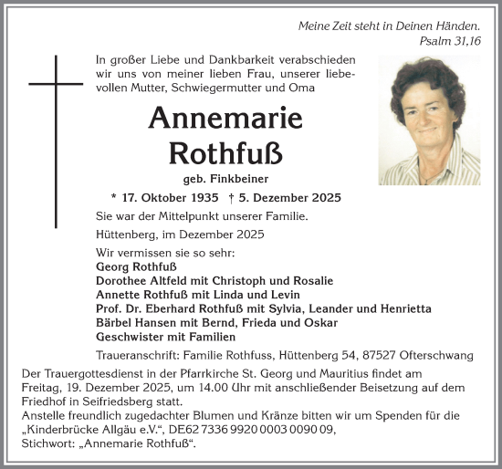 Traueranzeige von Annemarie Rothfuß von Allgäuer Anzeigeblatt