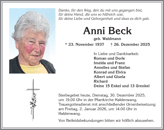 Traueranzeige von Anni Beck von Allgäuer Zeitung,Kempten