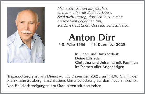 Traueranzeige von Anton Dirr von Mindelheimer Zeitung, Augsburger Allgemeine