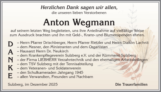 Traueranzeige von Anton Wegmann von Allgäuer Zeitung,Kempten