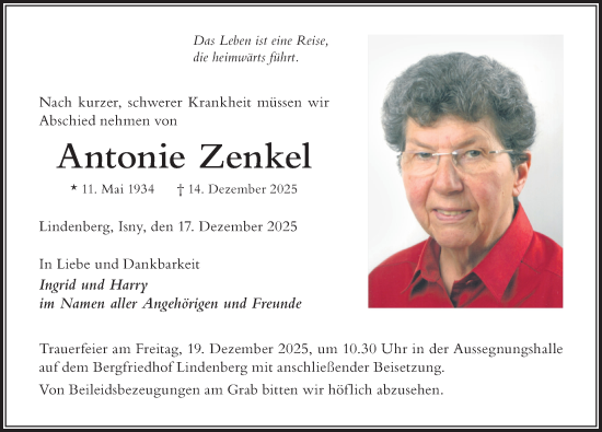 Traueranzeige von Antonie Zenkel von Der Westallgäuer