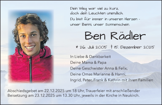 Traueranzeige von Ben Rädler von Der Westallgäuer