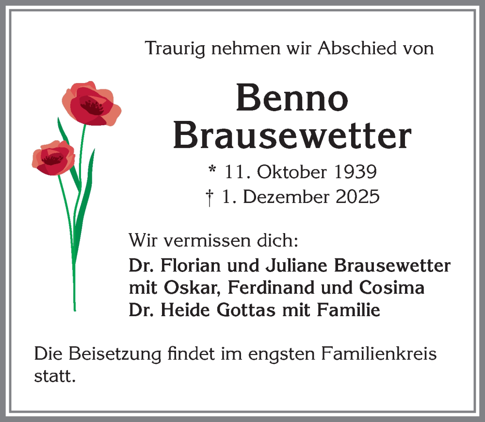  Traueranzeige für Benno Brausewetter vom 06.12.2025 aus Allgäuer Zeitung,Kempten