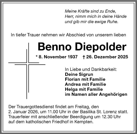 Traueranzeige von Benno Diepolder von Allgäuer Zeitung,Kempten