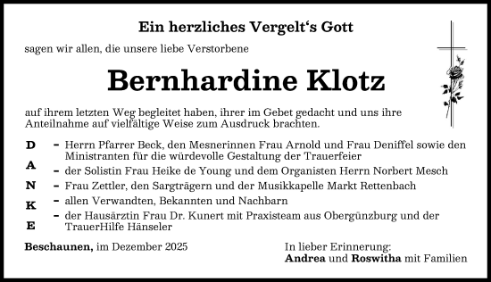 Traueranzeige von Bernhardine Klotz von Memminger Zeitung