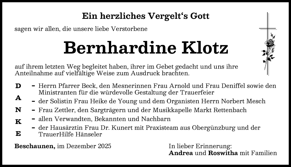  Traueranzeige für Bernhardine Klotz vom 30.12.2025 aus Memminger Zeitung