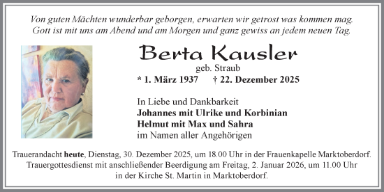 Traueranzeige von Berta Kausler von Allgäuer Zeitung, Marktoberdorf
