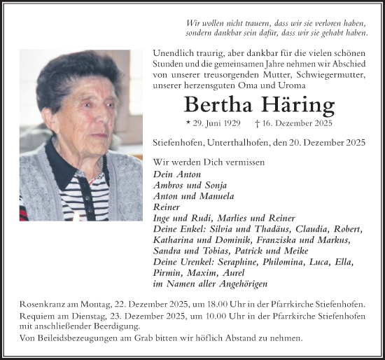 Traueranzeige von Bertha Häring von Der Westallgäuer