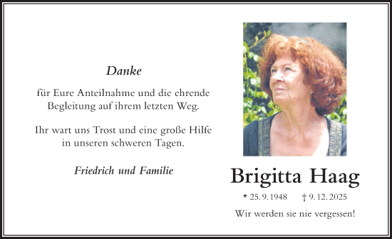 Traueranzeige von Brigitta Haag von Der Westallgäuer