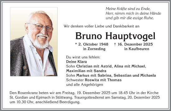 Traueranzeige von Bruno Hauptvogel von Allgäuer Zeitung, Kaufbeuren/Buchloe