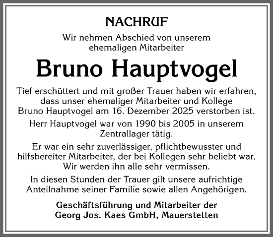Traueranzeige von Bruno Hauptvogel von Allgäuer Zeitung, Kaufbeuren/Buchloe