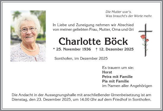 Traueranzeige von Charlotte Böck von Allgäuer Anzeigeblatt