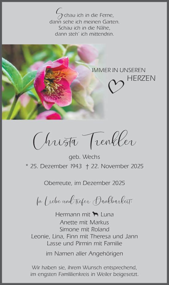 Traueranzeige von Christa Trenkler von Der Westallgäuer