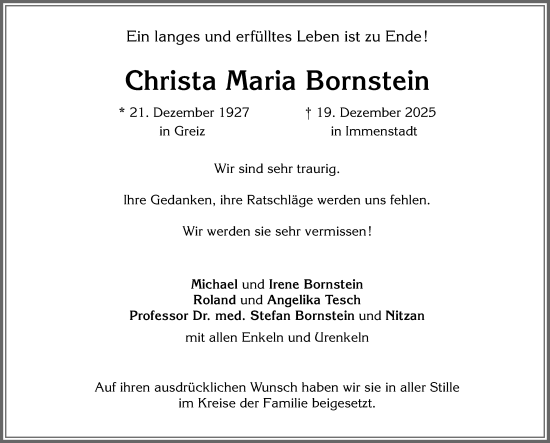 Traueranzeige von Christa Maria Bornstein von Allgäuer Anzeigeblatt
