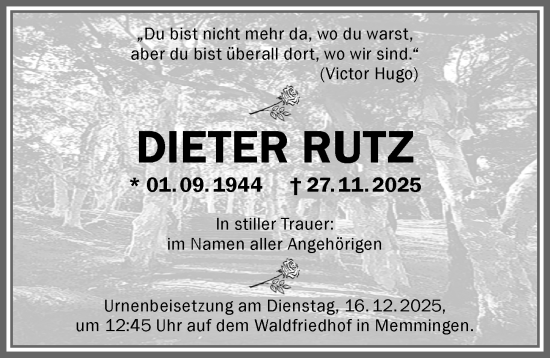 Traueranzeige von Dieter Rutz von Memminger Zeitung