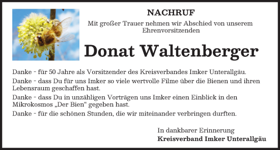 Traueranzeige von Donat Waltenberger von Mindelheimer Zeitung, Augsburger Allgemeine