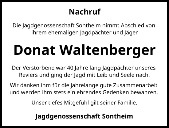 Traueranzeige von Donat Waltenberger von Mindelheimer Zeitung, Augsburger Allgemeine