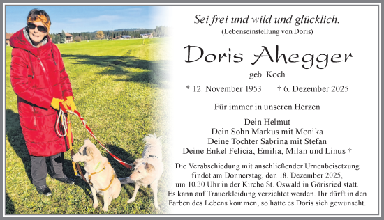 Traueranzeige von Doris Ahegger von Allgäuer Zeitung, Marktoberdorf