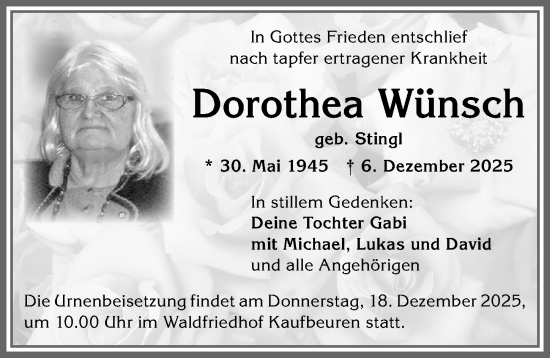Traueranzeige von Dorothea Wünsch von Allgäuer Zeitung, Kaufbeuren/Buchloe