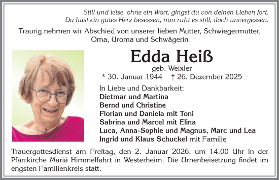 Traueranzeige von Edda Heiß von Memminger Zeitung