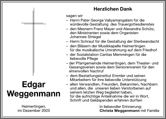 Traueranzeige von Edgar Weggenmann von Memminger Zeitung