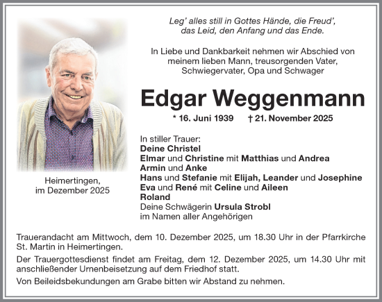 Traueranzeige von Edgar Weggenmann von Memminger Zeitung