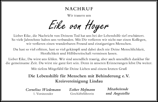 Traueranzeige von Eike von Hoyer von Der Westallgäuer