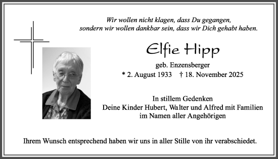 Traueranzeige von Elfie Hipp von Allgäuer Zeitung, Füssen