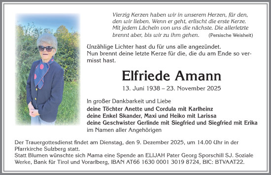 Traueranzeige von Elfriede Amann von Allgäuer Zeitung,Kempten