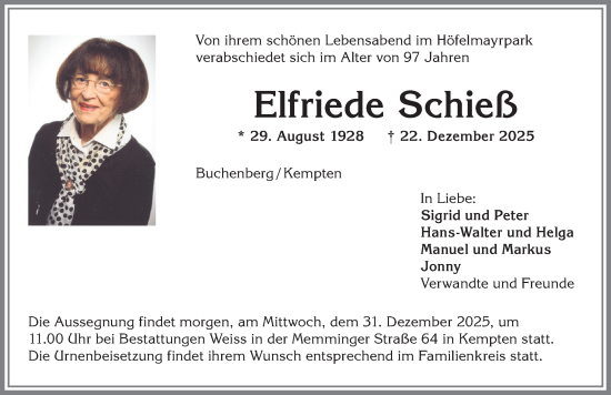 Traueranzeige von Elfriede Schieß von Allgäuer Zeitung,Kempten