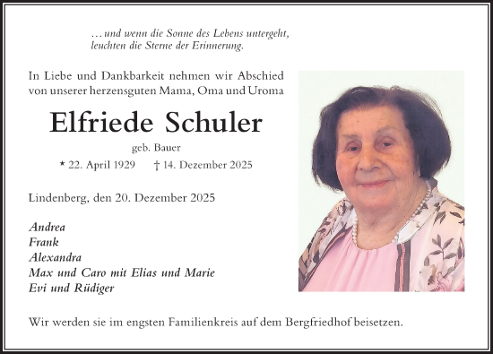 Traueranzeige von Elfriede Schuler von Der Westallgäuer