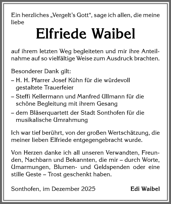 Traueranzeige von Elfriede Waibel von Allgäuer Anzeigeblatt