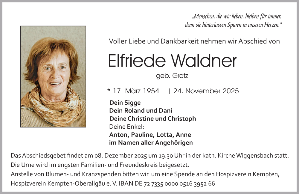  Traueranzeige für Elfriede Waldner vom 06.12.2025 aus Allgäuer Zeitung,Kempten