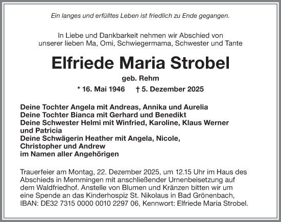 Traueranzeige von Elfriede Maria Strobel von Memminger Zeitung